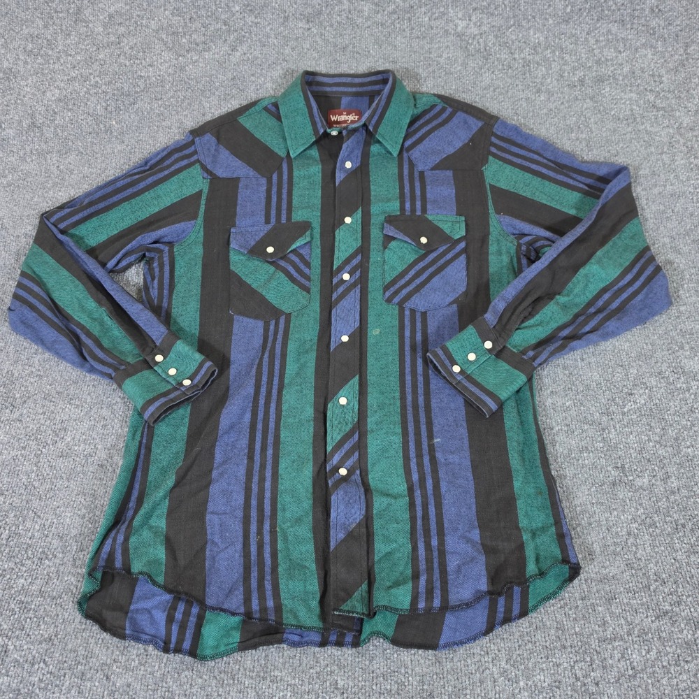 Wrangler Western Pearl Snap Shirt Mens Medium Green Blue Striped Cotton